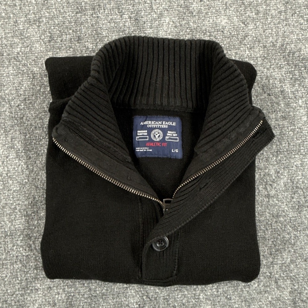 American Eagle Outfitters Mens Black Athletic Fit Mock Neck Button Zip Sweater L